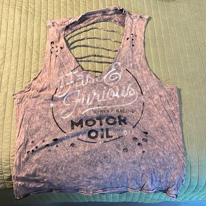 Affliction Distressed tank in peach with black distressing.